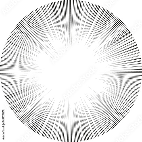 Manga radial action speed lines for comic effect. Circle motion and focus flash strip lines for anime comic book. Vector background illustration of black ray manga speed frame or splash and explosion.