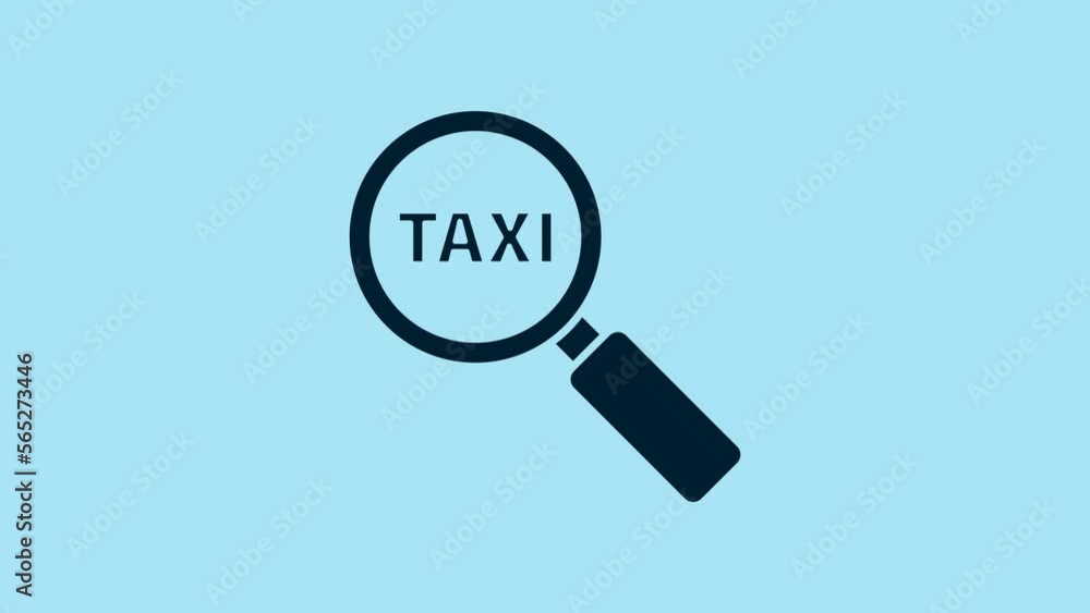 Blue Magnifying glass and taxi car icon isolated on blue background. Taxi search. 4K Video motion graphic animation Blue Magnifying glass and taxi car icon isolated on blue background. Taxi search. 4K Video motion graphic animation