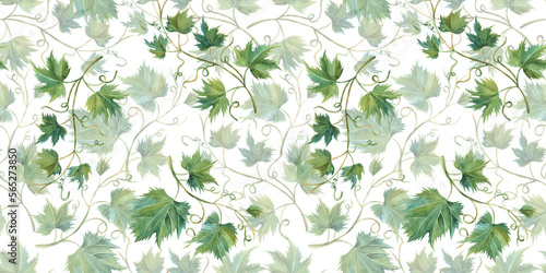 seamless pattern with watercolor grape leaves HAND DRAWN