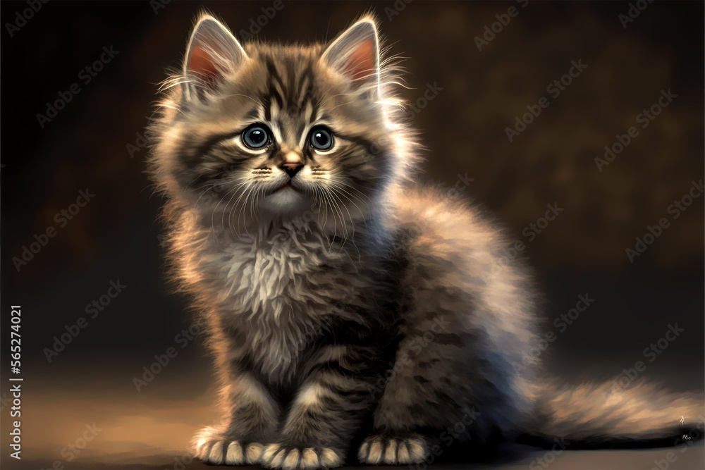 fluffy kitten sits and looks around generative ai illustration