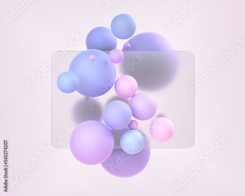 Glassmorphism style composition 3d render. Frosted glass plate with blur effect and colorful spheres on background. Translucent acrylic rectangle panel, ui design for web interface © marozhkastudio