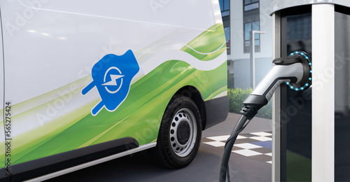 Electric delivery van with electric vehicles charging station.	