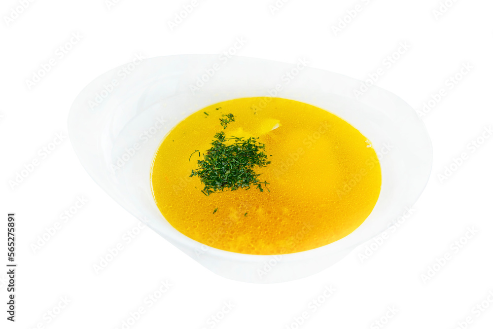 Golden broth with herbs in a white bowl. Traditional appetizing dish. Close-up. Isolated on white background. Golden broth with herbs in a white bowl. Traditional appetizing dish. Close-up. Isolated on white background.