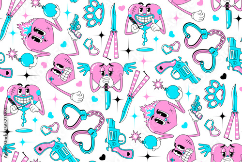 Valentine's Day seamless pattern in trendy y2k style. Neon palette in 90s, 00s retro aesthetics. Anti valentines day conception. Weird groove heart characters. Vector background