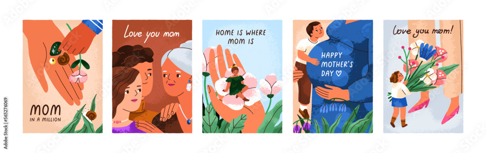 Happy Mother day greeting cards set. Mom holiday postcards designs, backgrounds with spring flower bouquet, cute children, kids, mommies, family and love quotes, phrases. Flat vector illustrations - obrazy, fototapety, plakaty 