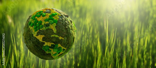 Fototapeta Naklejka Na Ścianę i Meble -  Green planet Earth from natural moss on a green grass background. Symbol of sustainable development and renewable energy	