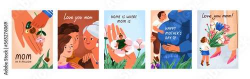 Happy Mother day greeting cards set. Mom holiday postcards designs, backgroun...