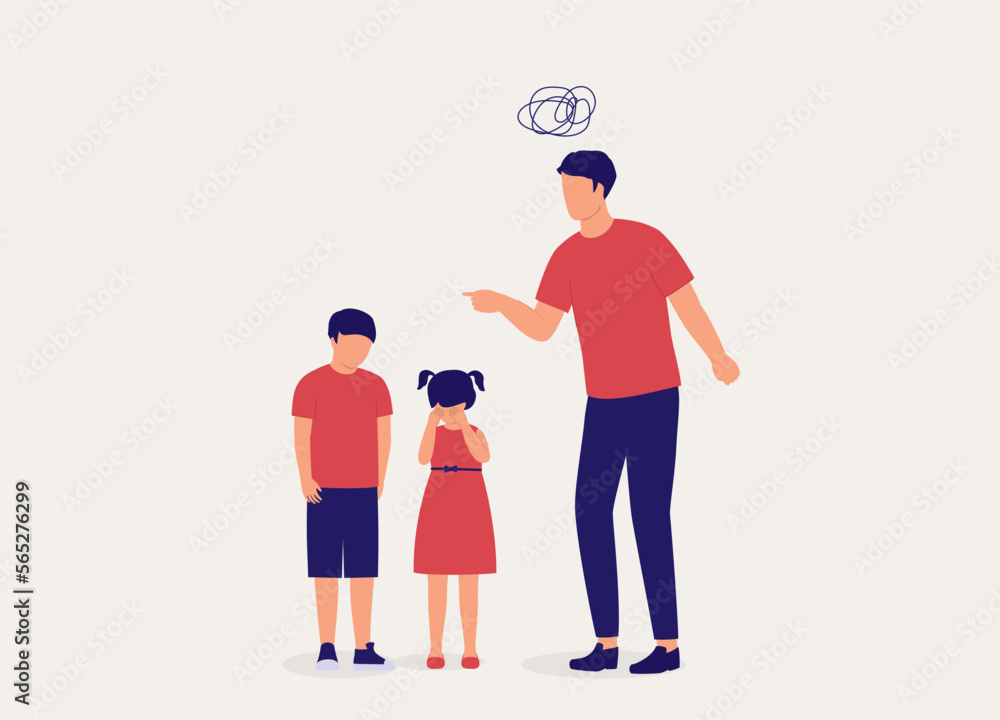 Angry Father Scolding His Son For Bullying His Sister And Making Her Cry. Full Length. Flat Design Style, Character, Cartoon. Angry Father Scolding His Son For Bullying His Sister And Making Her Cry. Full Length. Flat Design Style, Character, Cartoon.