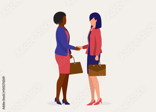 White Businesswoman And Black Businesswoman Making A Business Deal. Full Length. Flat Design Style, Character, Cartoon.