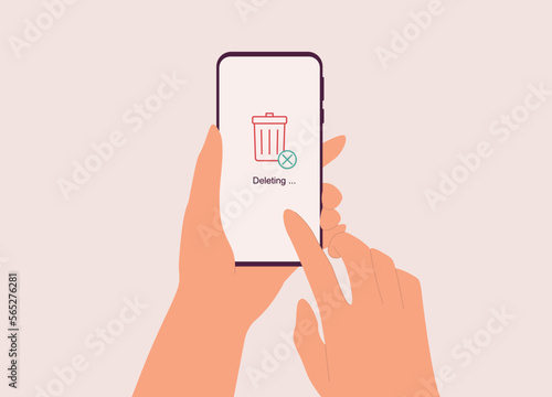 A Person’s Hand Deleting Data From Mobile Phone With Trash Bin Icon Showing On Screen. Close-Up. Flat Design Style, Character, Cartoon.