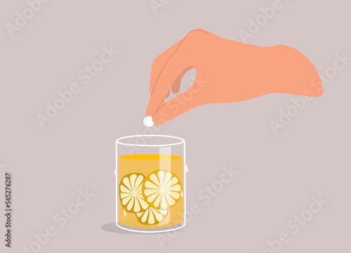 A Person’s Hand Putting Drugs Into A Glass Of Lemon Drinks. Close-Up. Flat Design Style, Character, Cartoon.
