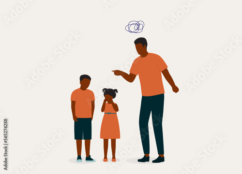 Angry Black Father Scolding His Son For Bullying His Sister And Making Her Cry. Full Length. Flat Design Style, Character, Cartoon.