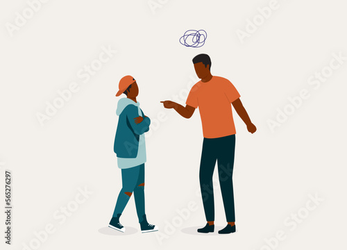 Black Father Angry At His Disrespectful Teenage Son. Full Length. Flat Design Style, Character, Cartoon.