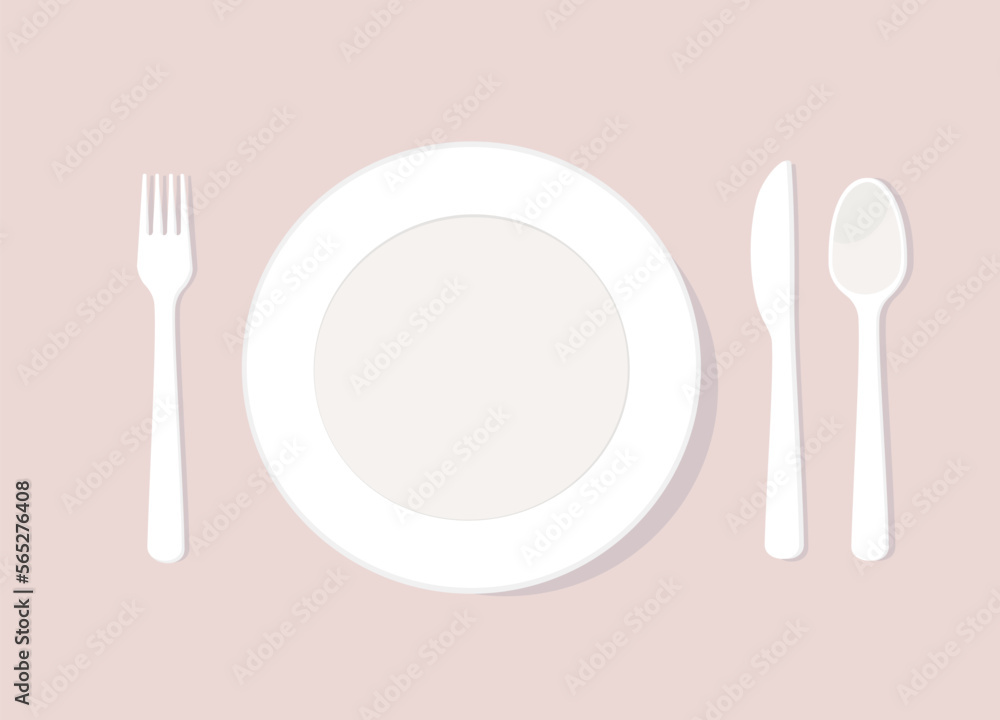 Top View Of White Empty Plate With Fork, Knife And Spoon. Top View Of White Empty Plate With Fork, Knife And Spoon.