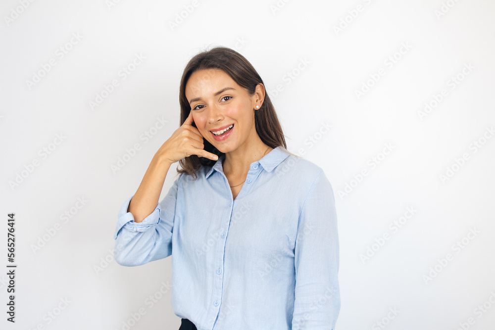 Portrait of a Business Woman Phone Gesture Call Us Contact Us Customer Support Portrait of a Business Woman Phone Gesture Call Us Contact Us Customer Support