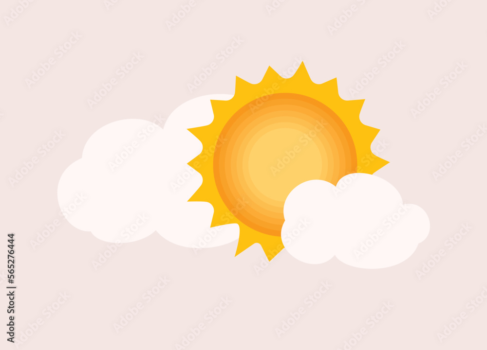 Bright Sun With White Clouds On Sunny Day. Close-Up. Flat Design Style, Character, Cartoon. Bright Sun With White Clouds On Sunny Day. Close-Up. Flat Design Style, Character, Cartoon.