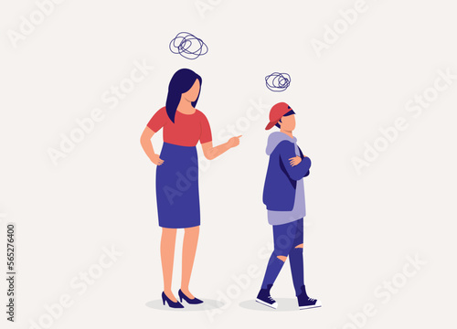 Mother Angry At Her Teenage Son With Bad Attitude. Rebellious Teenage Boy With Arms Crossed Walking Away And Feeling Annoyed. Full Length. Flat Design Style, Character, Cartoon.