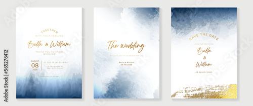 Luxury wedding invitation card background vector set. Abstract watercolor brush paint with glittering shimmer golden texture background. Design illustration for wedding and vip cover template, banner.