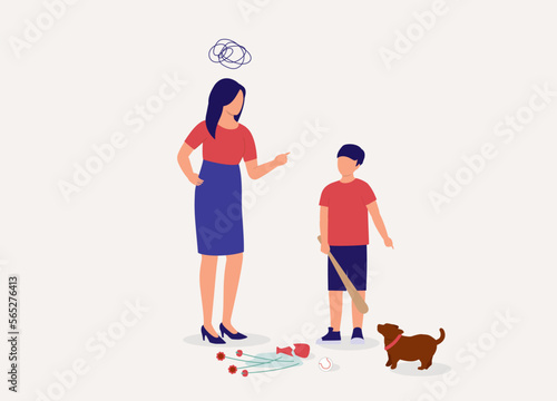 Dishonest Son With Baseball Bat Trying To Put The Blame On The Dog For Breaking Her Mother’s Flower Vase. Full Length. Flat Design Style, Character, Cartoon.
