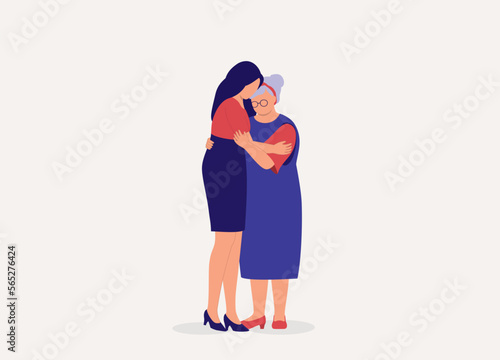 Senior Mother And Adult Daughter Hugging Each Other Lovingly. Full Length. Flat Design Style, Character, Cartoon.