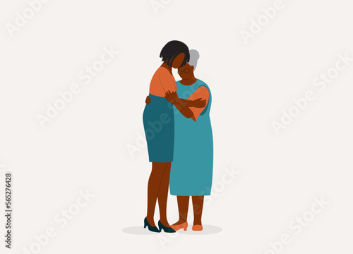 Black Senior Mother And Adult Daughter Hugging Each Other Lovingly. Full Length. Flat Design Style, Character, Cartoon.