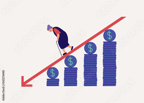 Concept Of Retirement Savings Decreasing While Aging. Senior Woman With Walking Cane Walking Downwards On An Arrow. Full Length. Flat Design Style, Character, Cartoon.