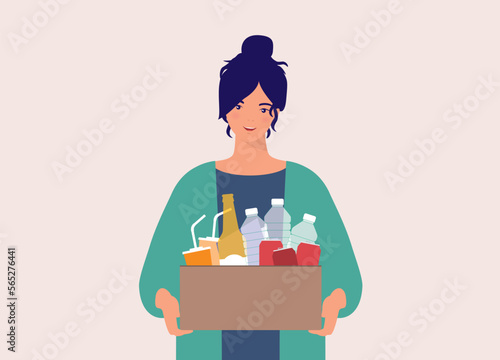One Smiling Young Woman Holding A Box With Recycle Materials. Half Length. Character, Cartoon.