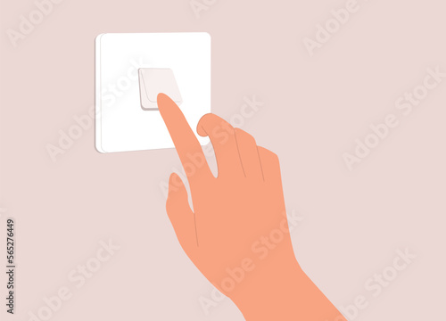 A Person’s Hand Pressing Switch Button On Wall. Close-Up. Flat Design Style, Character, Cartoon.