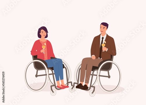 Smiling Young Couple With Wheelchair Having Drink Together. Full Length. Flat Design Style, Character, Cartoon.