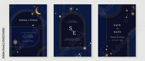 Luxury wedding invitation card background vector set. Elegant golden texture of arch frame line art and sparkles, stars, crescent moon. Design illustration for wedding and vip cover template, banner.
