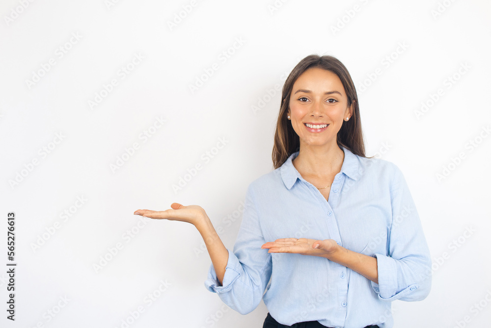 Portrait of a Business Woman Pointing to the Side Showing Displaying Drawing Attention Portrait of a Business Woman Pointing to the Side Showing Displaying Drawing Attention