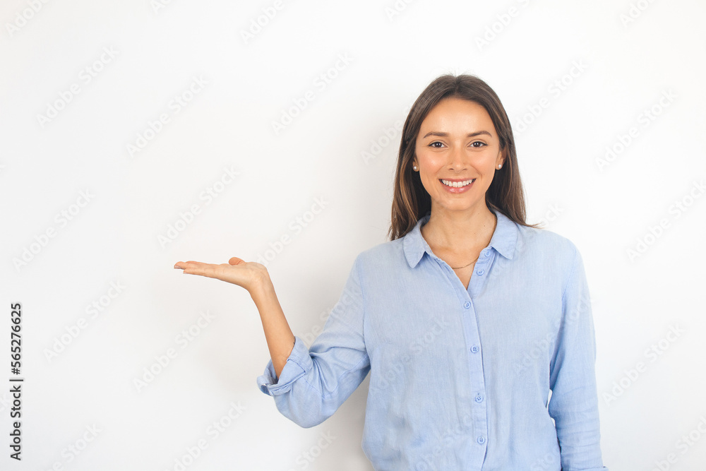 Portrait of a Business Woman Pointing to the Side Showing Displaying Drawing Attention Portrait of a Business Woman Pointing to the Side Showing Displaying Drawing Attention
