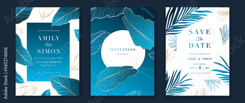 Luxury wedding invitation card background vector set. Elegant botanic tropical leaves golden line art texture template background. Design illustration for wedding and vip cover template, banner.