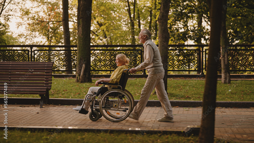 Excited senior man pushing wheelchair with cheerful wife, couple happy together Excited senior man pushing wheelchair with cheerful wife, couple happy together