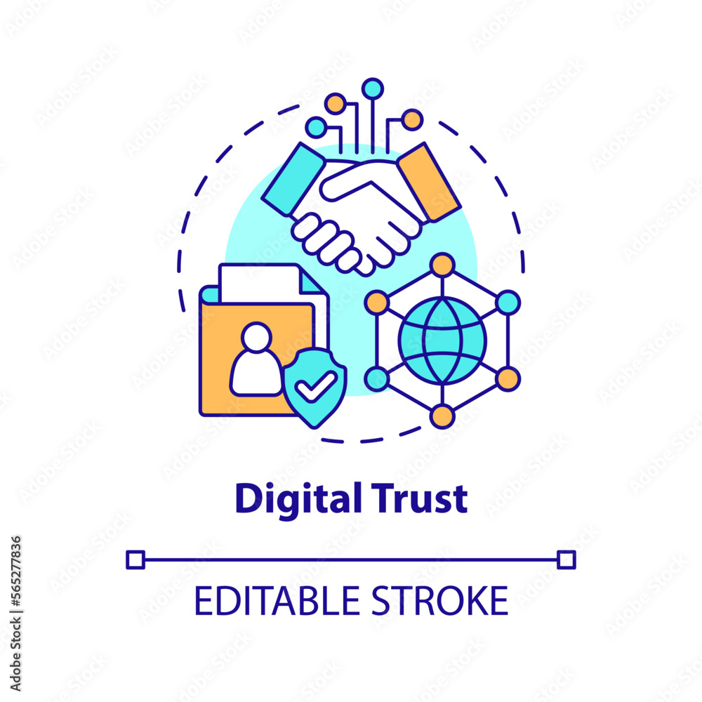 Digital trust concept icon. Data security. Information technology trend abstract idea thin line illustration. Isolated outline drawing. Editable stroke. Arial, Myriad Pro-Bold fonts used