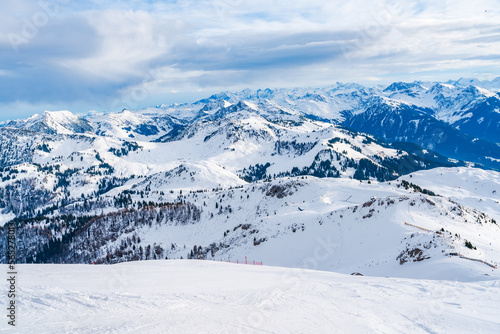 View of wintry landscape from Kitzbuhel Horn mountain in Austrian Alps in Kitzbuhel. Winter in Austria © beataaldridge