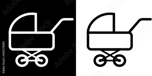 
An image of a baby stroller icon, one is black on a white background, the other is white on a black background