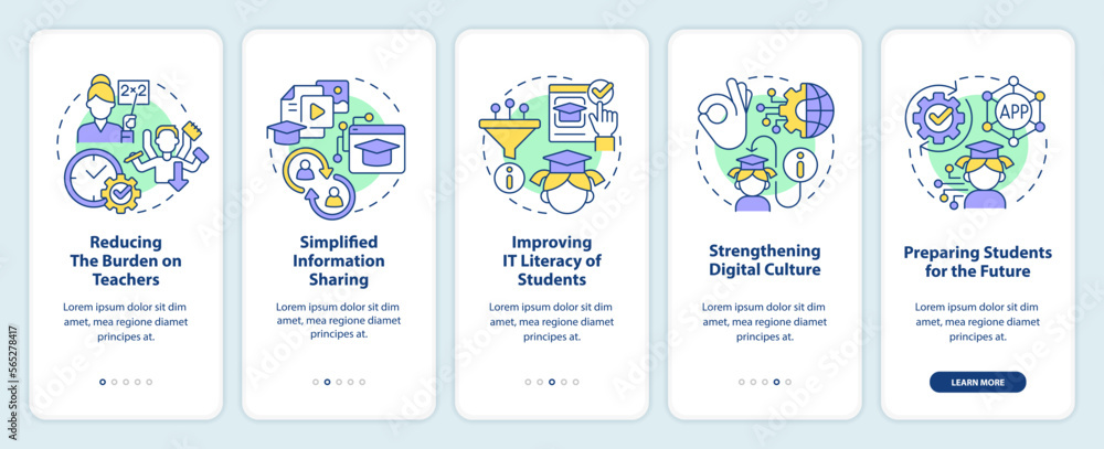ICT benefits in education onboarding mobile app screen. Studying walkthrough 5 steps editable graphic instructions with linear concepts. UI, UX, GUI template. Myriad Pro-Bold, Regular fonts used