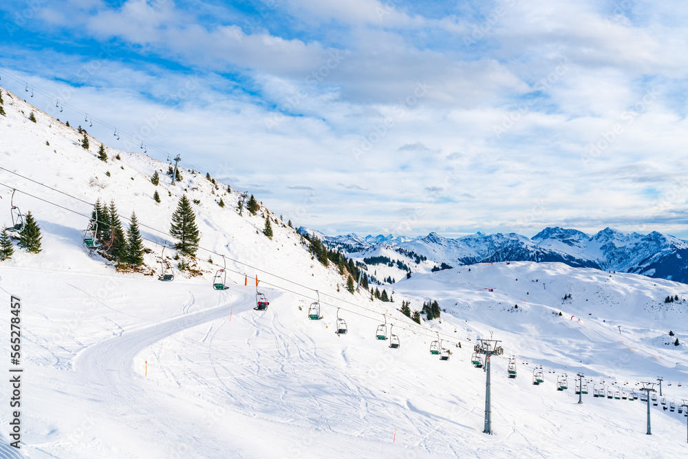 View of wintry landscape from Kitzbuhel Horn mountain in Austrian Alps in Kitzbuhel. Winter in Austria