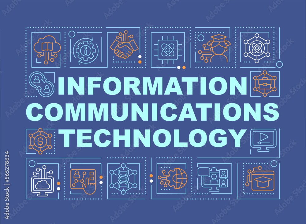 Information communication technology word concepts dark blue banner. Infographics with editable icons on color background. Isolated typography. Vector illustration with text. Arial-Black font used