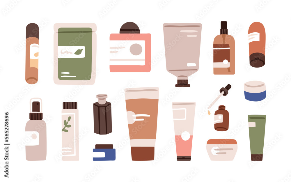 Cosmetic packages, tubes, jars, bottles set. Beauty product containers. Bathroom packs with cream, lotion, spray, serum dropper, essences. Flat graphic vector illustration isolated on white background