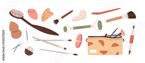 Makeup tools set. Beauty products from cosmetic bag, case. Visage stuff, supplies, brushes, accessories for applying face make-up foundation. Flat vector illustration isolated on white background