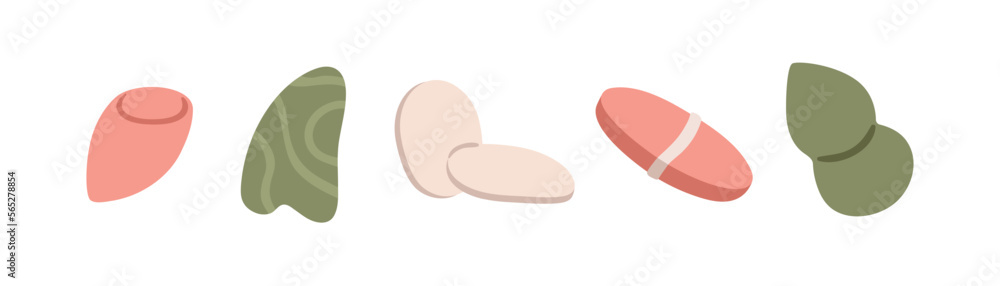 Face makeup tools. Different sponges, blenders for applying make-up, foundation. Cotton pads, guasha scraper for facial care. Beauty supplies. Flat vector illustrations isolated on white background