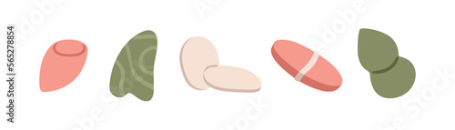 Face makeup tools. Different sponges, blenders for applying make-up, foundation. Cotton pads, guasha scraper for facial care. Beauty supplies. Flat vector illustrations isolated on white background