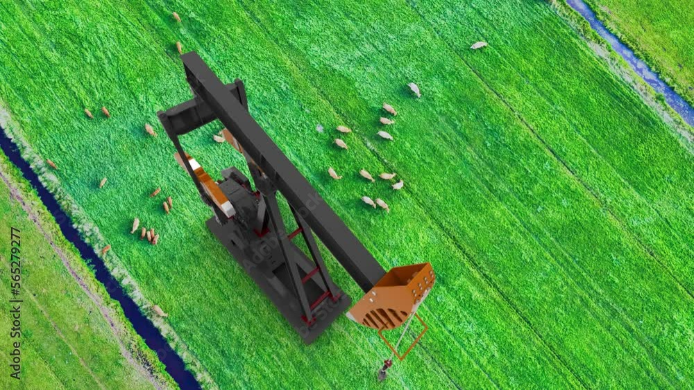 Clean vs dirty energy. Jack oil pump against grasslands. Sustainable