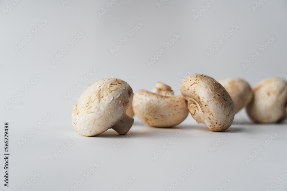 Champignons on a white background with an empty space Champignons on a white background with an empty space