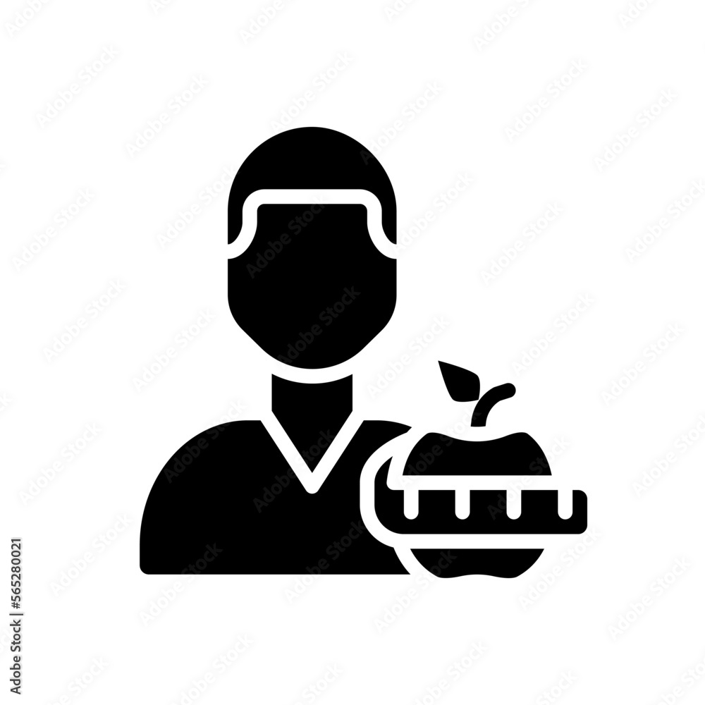 Dietitian service black glyph icon. Healthy nutrition. Weight management. Dieting. Nutritionist service.Silhouette symbol on white space. Solid pictogram. Vector isolated illustration Dietitian service black glyph icon. Healthy nutrition. Weight management. Dieting. Nutritionist service.Silhouette symbol on white space. Solid pictogram. Vector isolated illustration