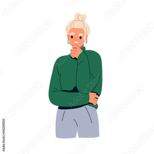 Woman thinking, doubting with sceptical pensive face expression. Thoughtful annoyed person wondering, questioning with dislike, disgust emotion. Flat vector illustration isolated on white background