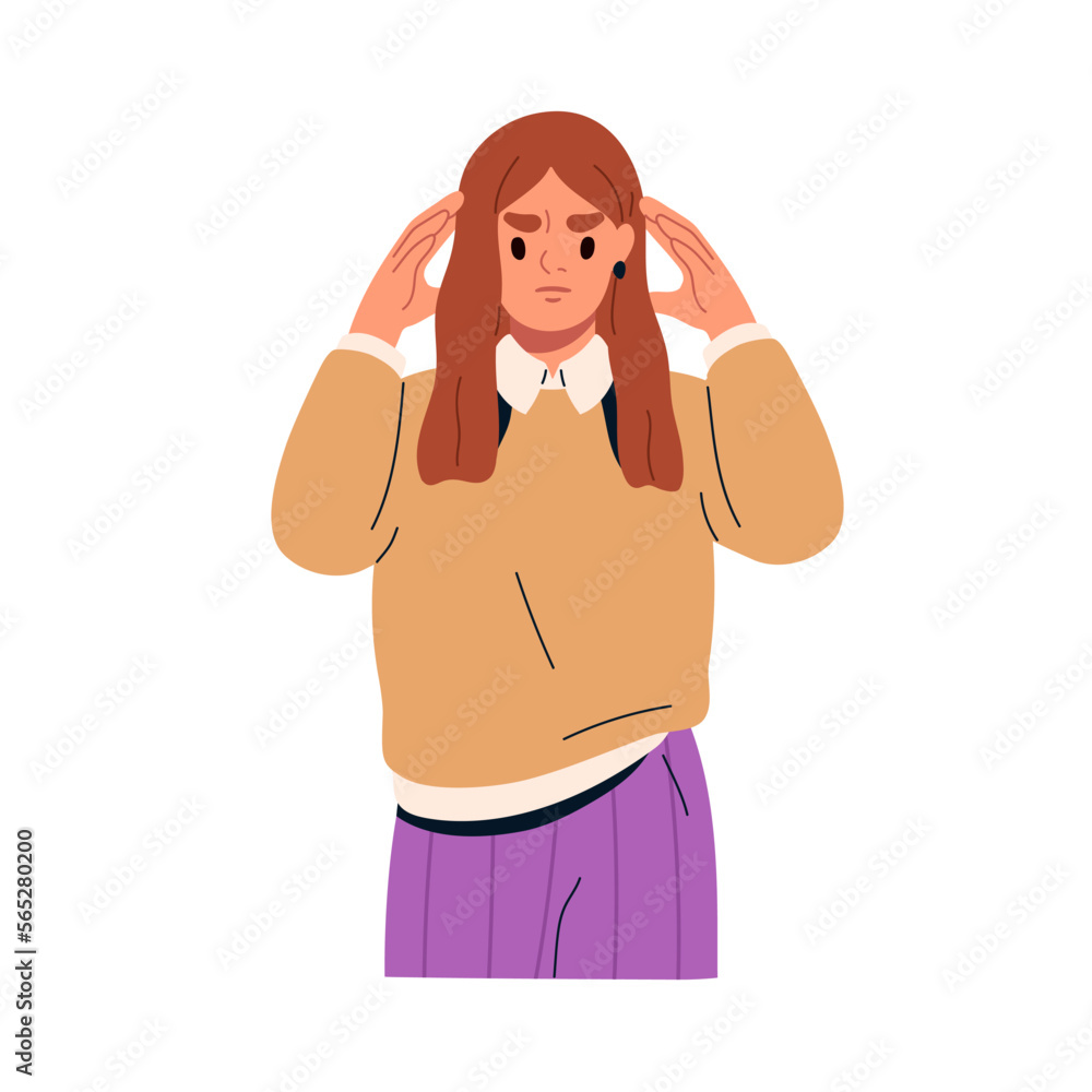 Worried puzzled pensive woman thinking, contemplating. Thoughtful troubled anxious person in difficulty, doubt tensed perplexed expression. Flat vector illustration isolated on white background Worried puzzled pensive woman thinking, contemplating. Thoughtful troubled anxious person in difficulty, doubt tensed perplexed expression. Flat vector illustration isolated on white background