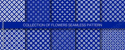 Geometric flower set of seamless patterns. Blue white color of patterns. Vector illustration EPS10